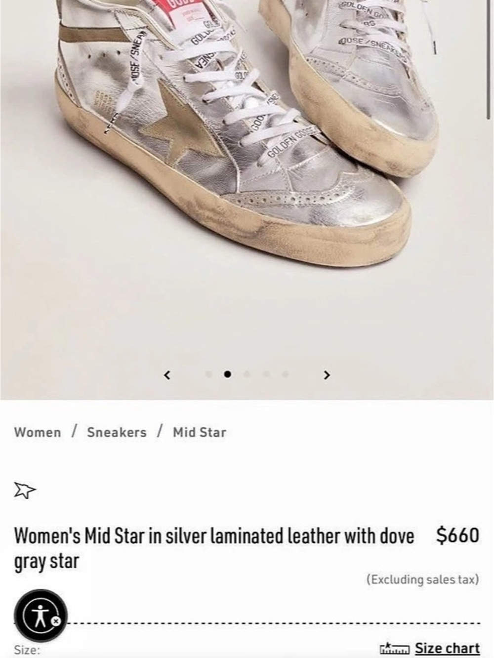 Golden Goose Mid Star silver laminated leather with dove gray star Logo laces 39